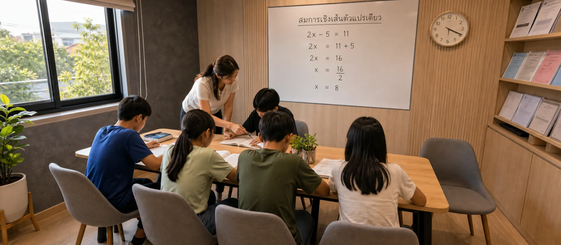 ห้องเรียนของสถาบันกวดวิชา นักเรียนห้าคนนั่งรอบโต๊ะยาว ครูก้มลงชี้สมุดของนักเรียนคนหนึ่ง